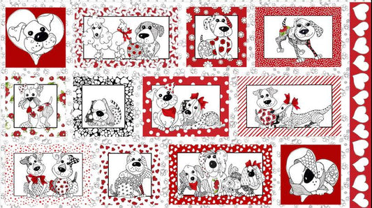 Loralie Puppy Love Fabric Panel   Red Black White