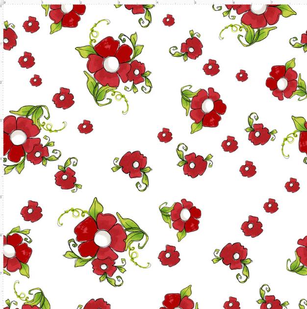 Loralie Daisy Red Fabric on White   By the Half yard New!   cut continuously