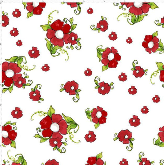 Loralie Daisy Red Fabric on White   By the Half yard New!   cut continuously