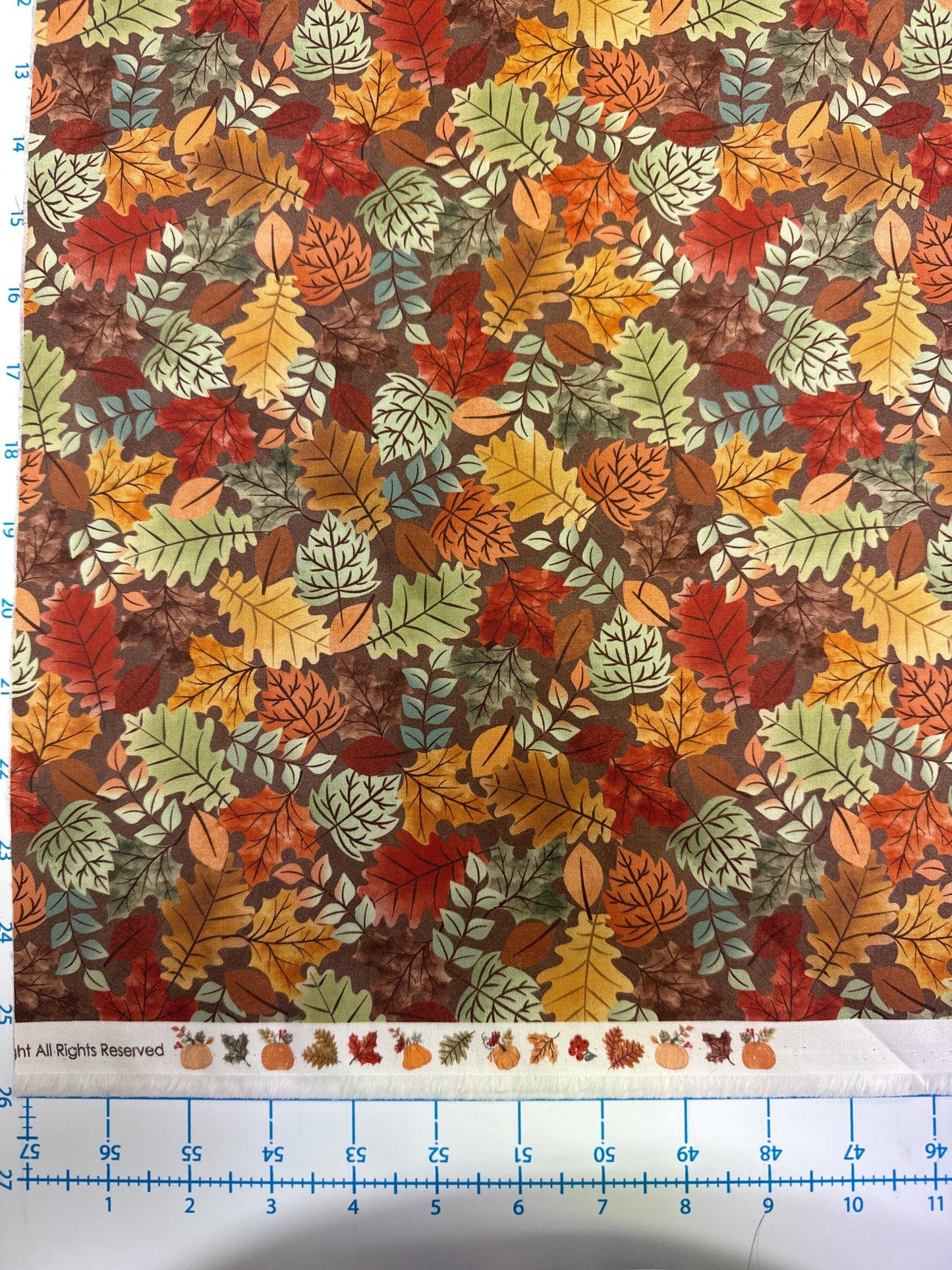 Hello autumn, Leaf multi color print, Brown background, Monique Jacobs Maywood studio fall Thanksgiving fabric sold by the Half yard
