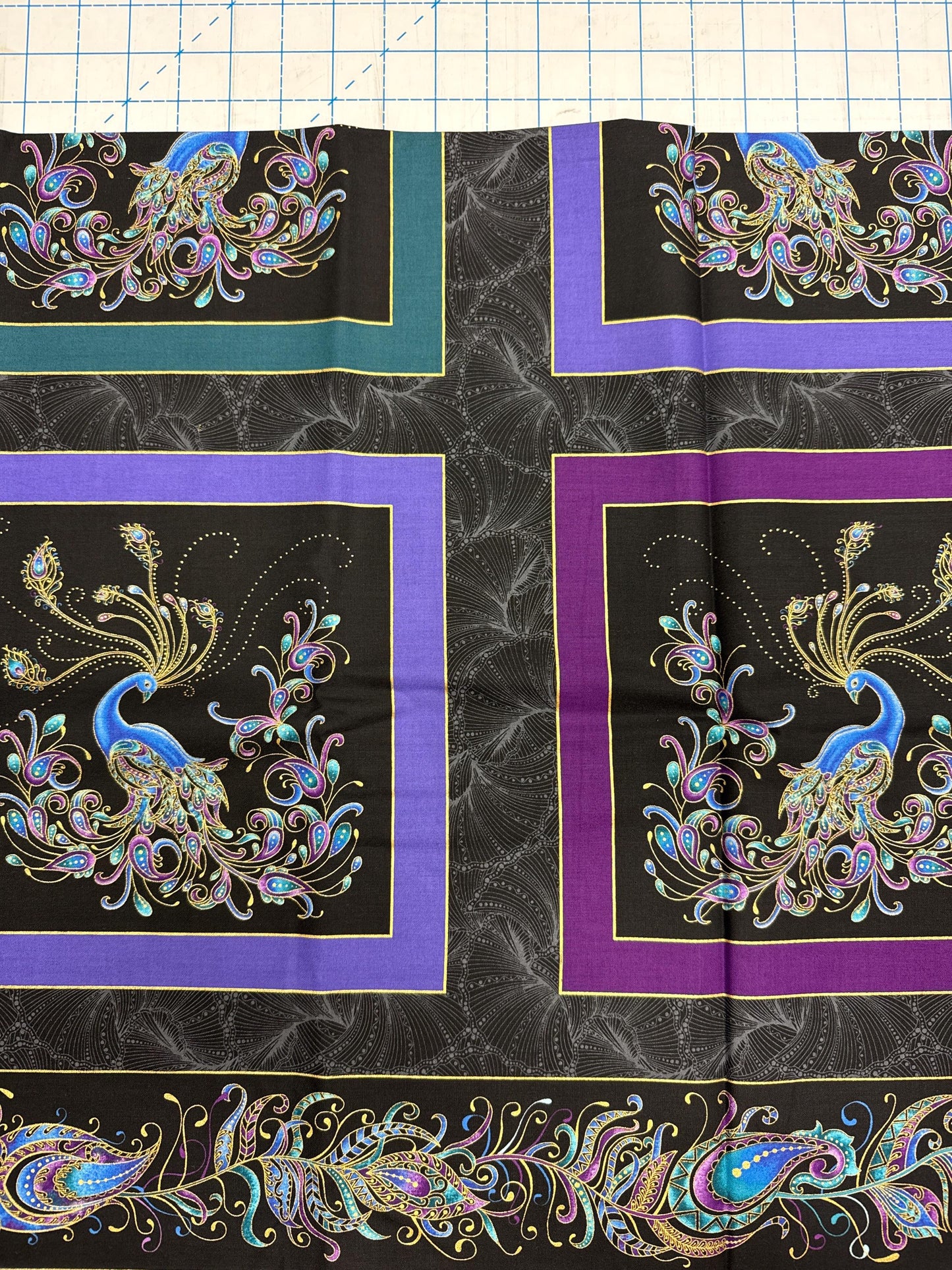 Peacock flourish, fabric Ann Lauer Grizzy Gulch for Benartex 24” x 44” panel -