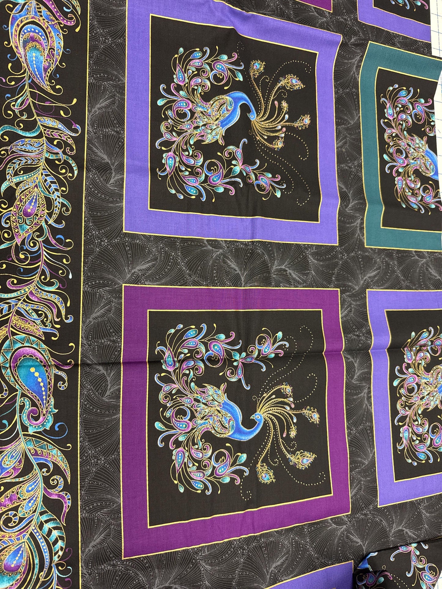 Peacock flourish, fabric Ann Lauer Grizzy Gulch for Benartex 24” x 44” panel -